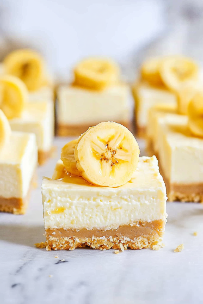 Creamy cheesecake squares topped with whipped cream and fresh banana slices