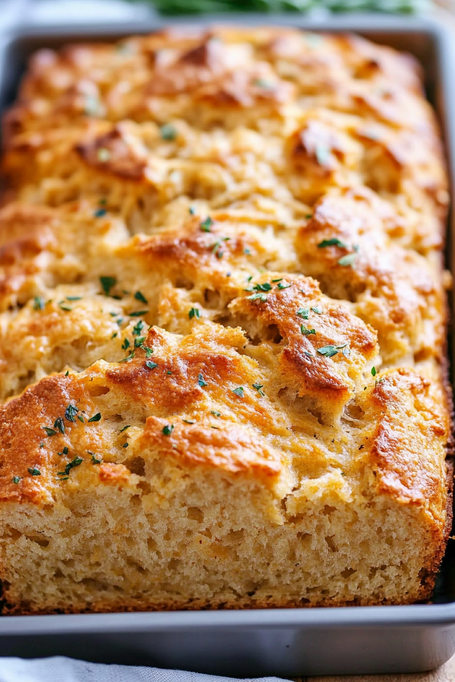 A round, golden-brown bread with cheddar pockets visible, styled simply for a homestyle finish.