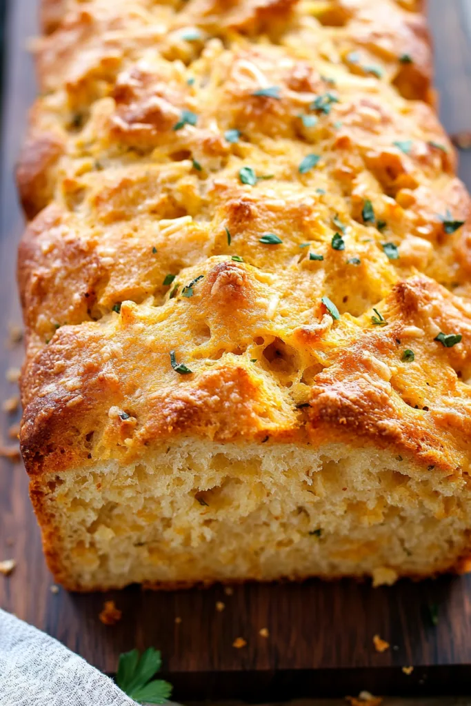A freshly baked bread with melted cheddar peeking through the crust, resting on a wooden surface.