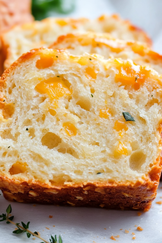 Thick slices reveal a soft, cheesy interior with herbs scattered across the golden crust.