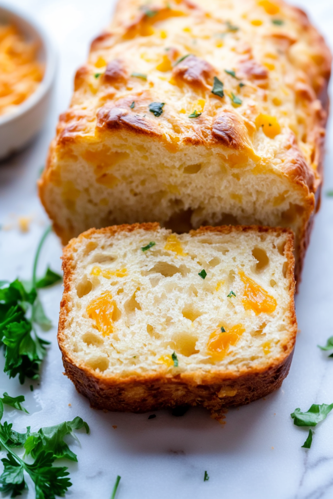 A warm loaf placed beside a knife, showing its textured crust and gooey cheese inside.