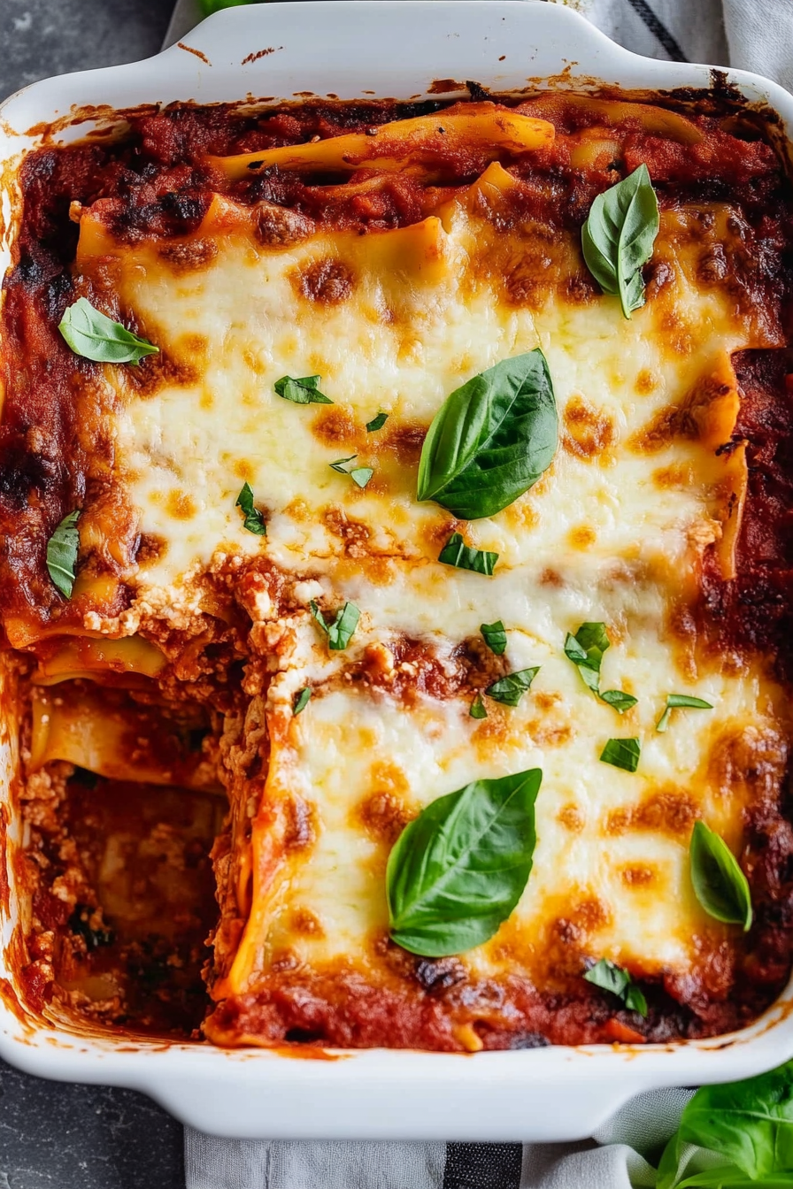Freshly baked lasagna topped with golden melted cheese and sprinkled herbs