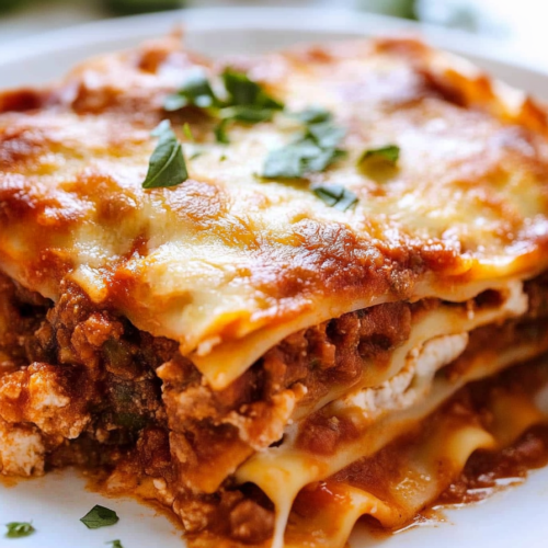 Thick slice of classic Italian lasagna with creamy layers and savory filling