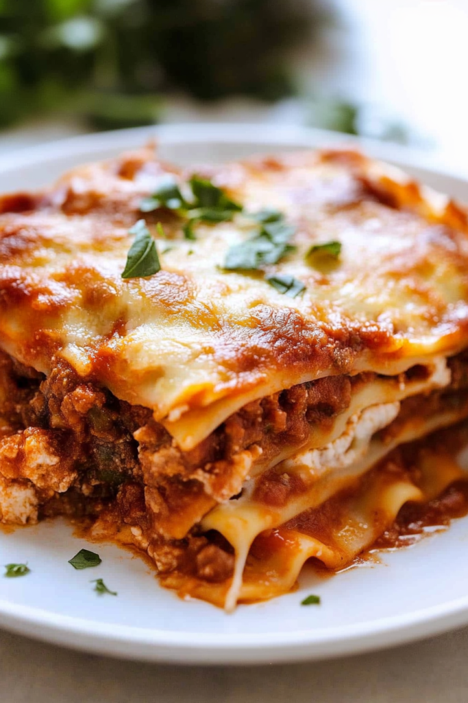 Thick slice of classic Italian lasagna with creamy layers and savory filling