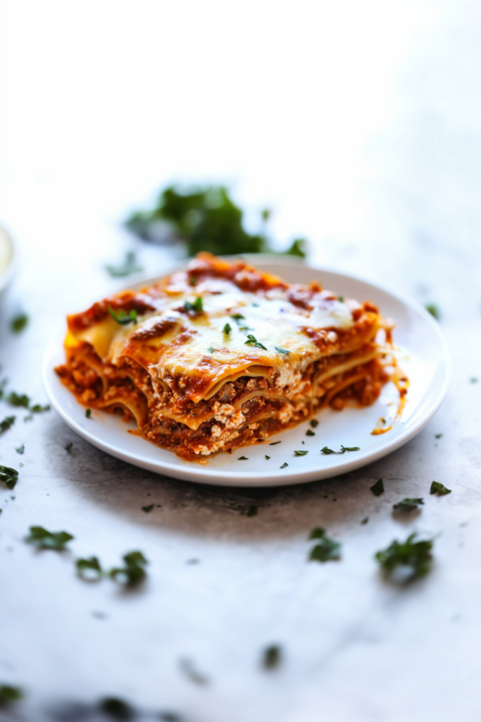 A hearty slice of homemade lasagna with melted cheese and rich meat sauce on a white plate