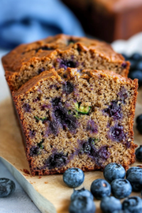 Homemade zucchini loaf studded with fresh blueberries and a tender crumb