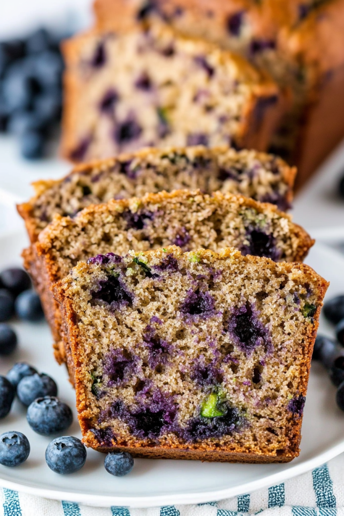 Sliced sweet bread with visible blueberries and a rich, moist interior
