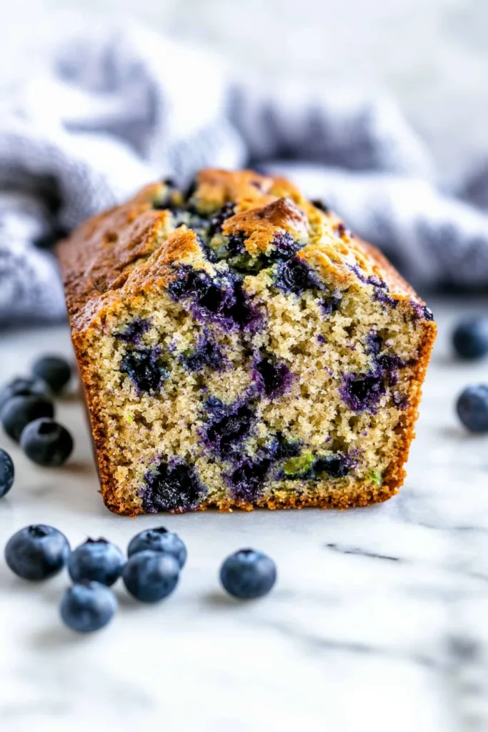 Freshly baked loaf with juicy blueberries and grated zucchini, sliced to show its moist texture