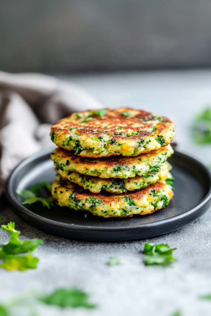 Stack of crispy vegetable fritters on a ceramic plate, garnished with parsley.