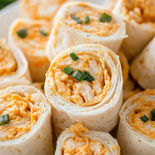Final dish presentation: bite-sized tortilla spirals with creamy chicken and cheese.