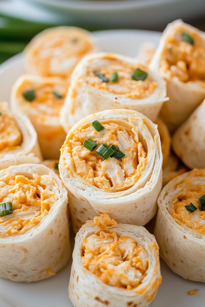 Final dish presentation: bite-sized tortilla spirals with creamy chicken and cheese.
