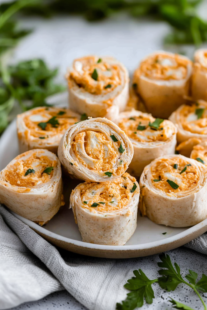Tortilla roll-ups filled with creamy orange chicken mixture, garnished with green onions.