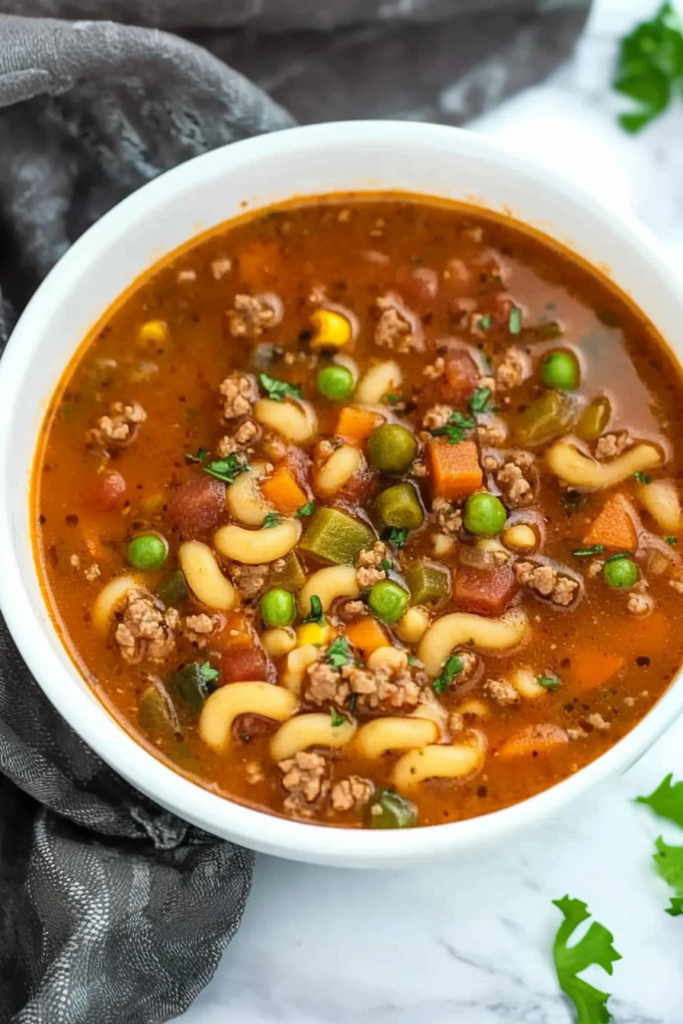 Rich, comforting soup with elbow macaroni, ground meat, and colorful vegetables in a tomato broth.