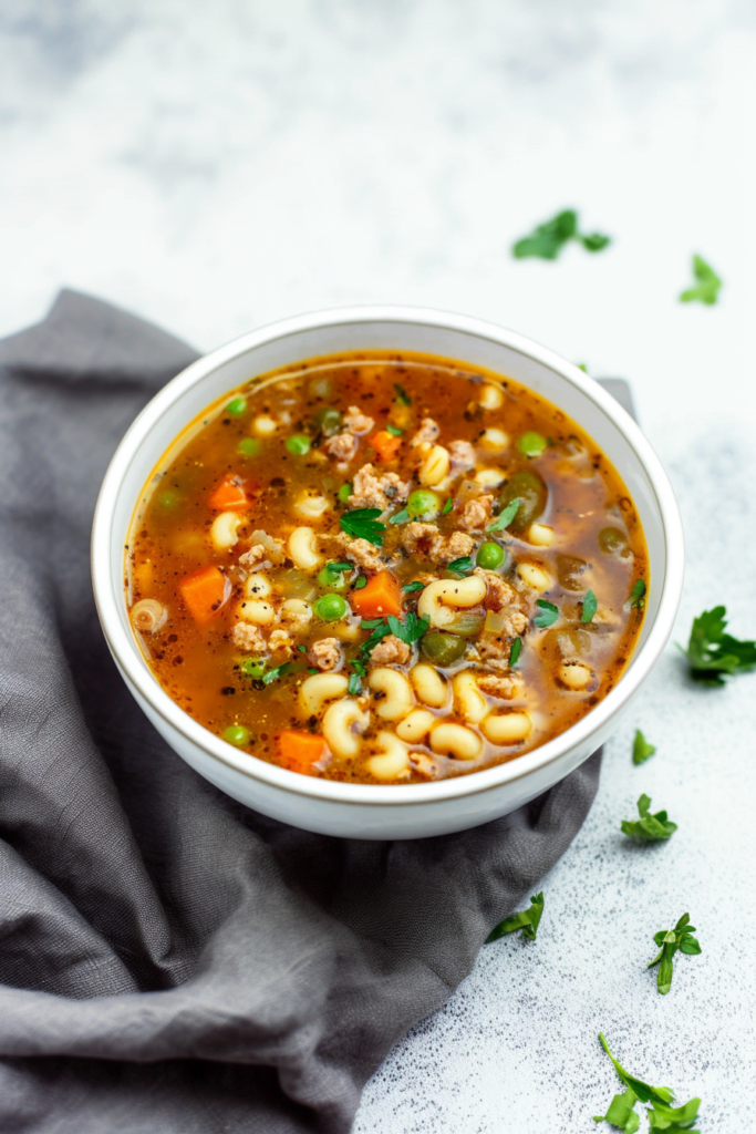 Hearty homemade soup served in a white bowl, featuring pasta, vegetables, and fresh herbs.