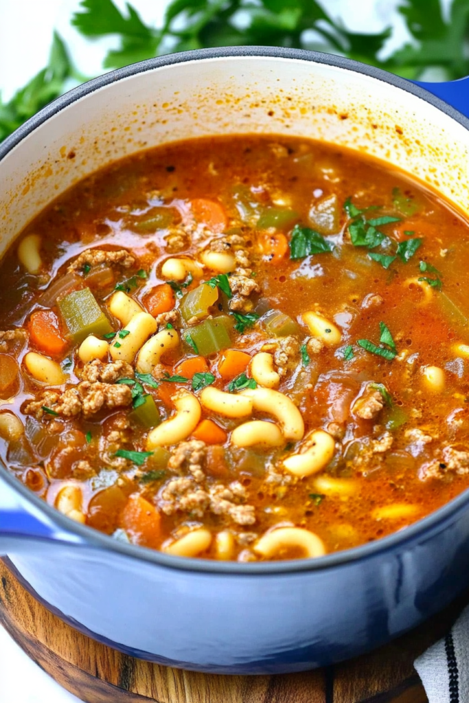 Final presentation of a nourishing one-pot soup, highlighting its vibrant mix of pasta and vegetables.