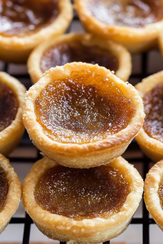 Close-up of flaky pastry shells filled with rich, sticky brown sugar filling.