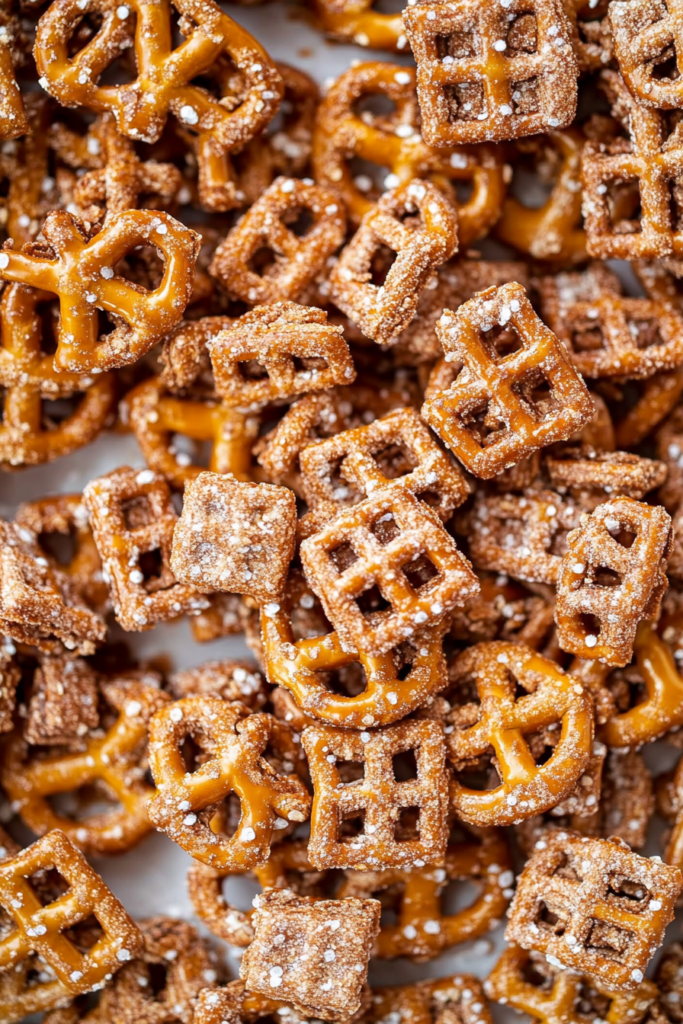 Homemade snack mix of pretzels coated in rich buttery caramel topping.