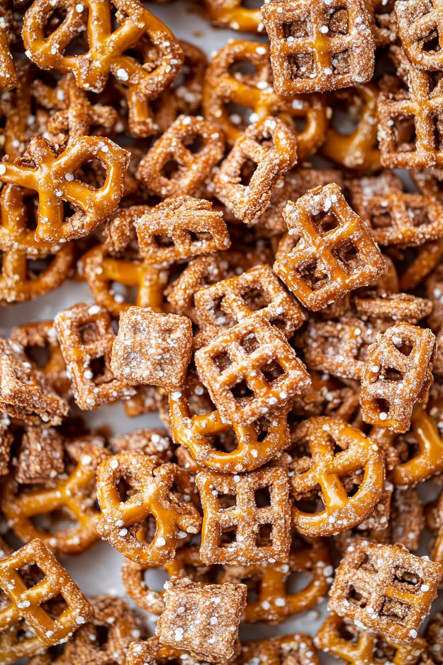 Homemade snack mix of pretzels coated in rich buttery caramel topping.