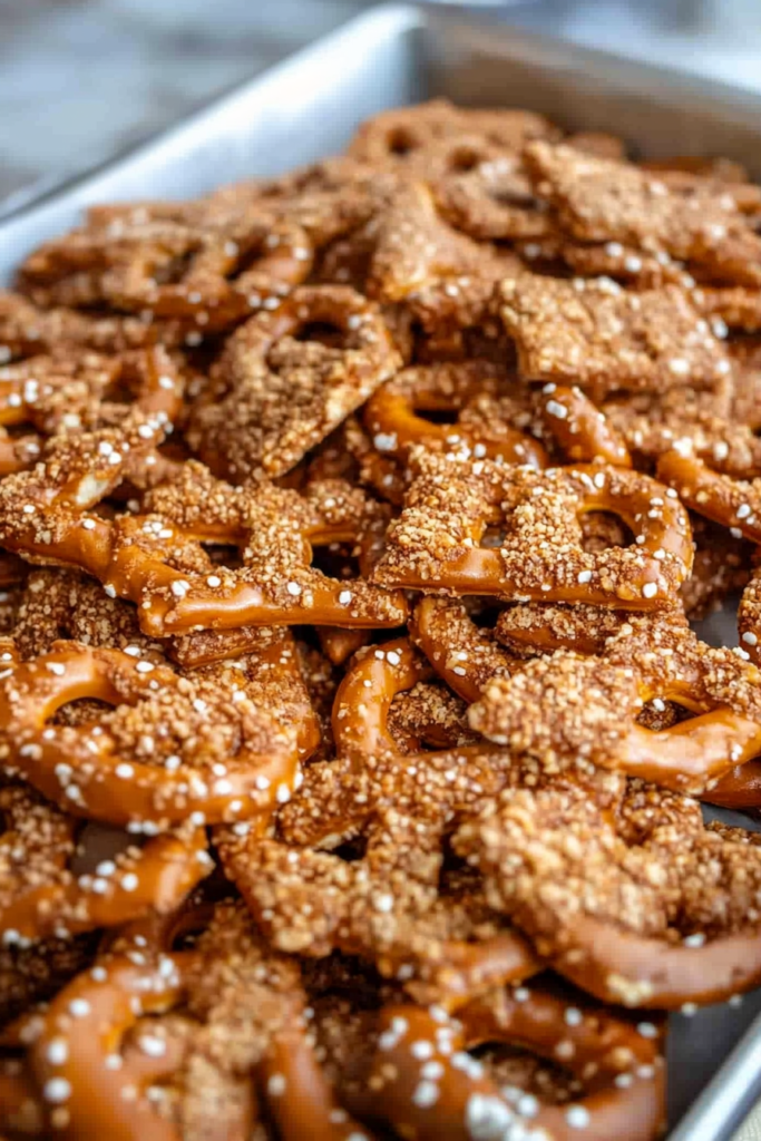 Close-up of crunchy pretzels coated in buttery toffee and sprinkled with sugar.
