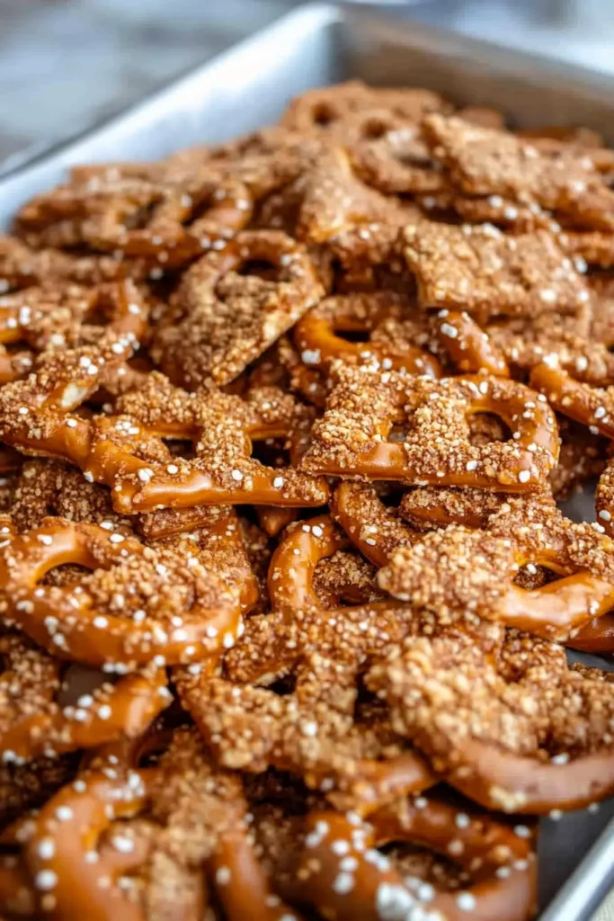 Close-up of crunchy pretzels coated in buttery toffee and sprinkled with sugar.