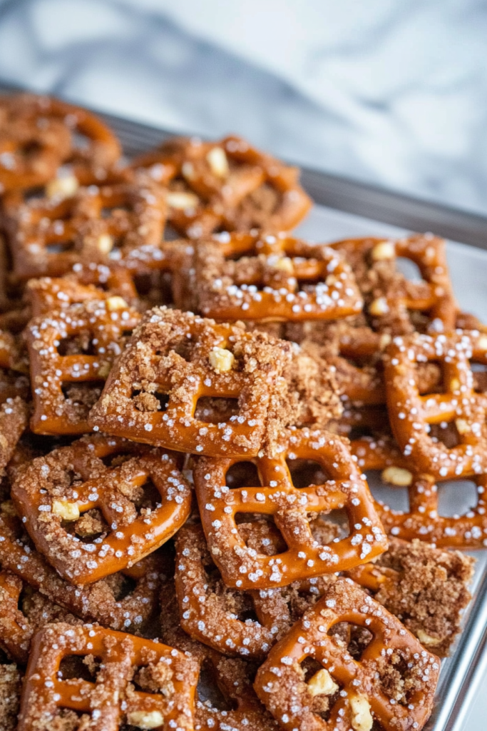 Tray of crunchy caramel-coated pretzels with a sweet and salty finish.