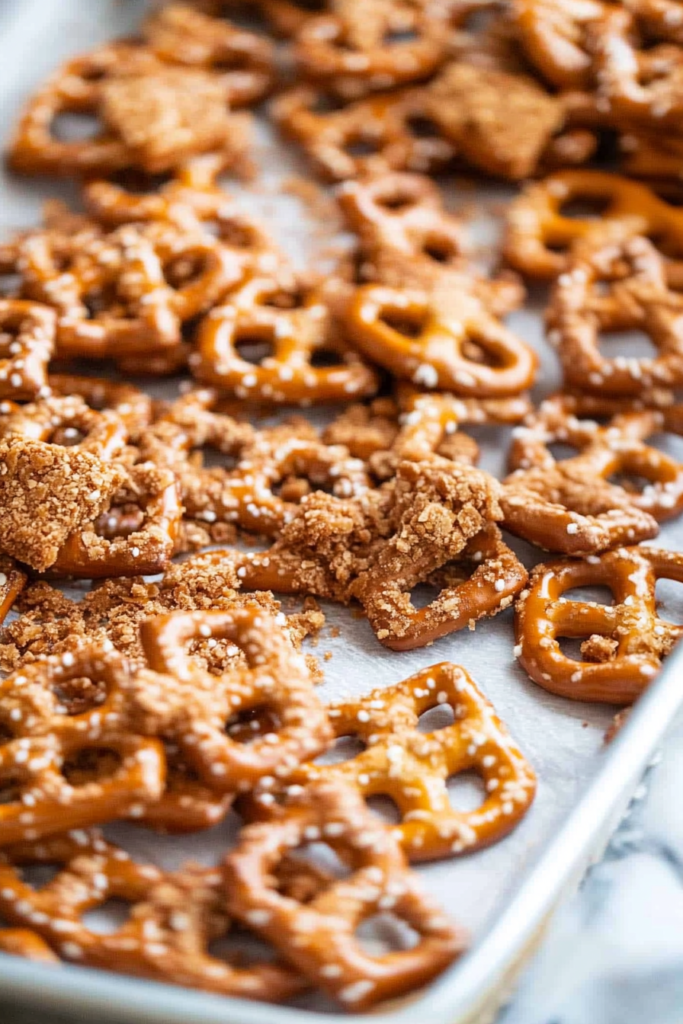 Sweet and salty pretzels baked with a caramelized toffee coating on a baking sheet.