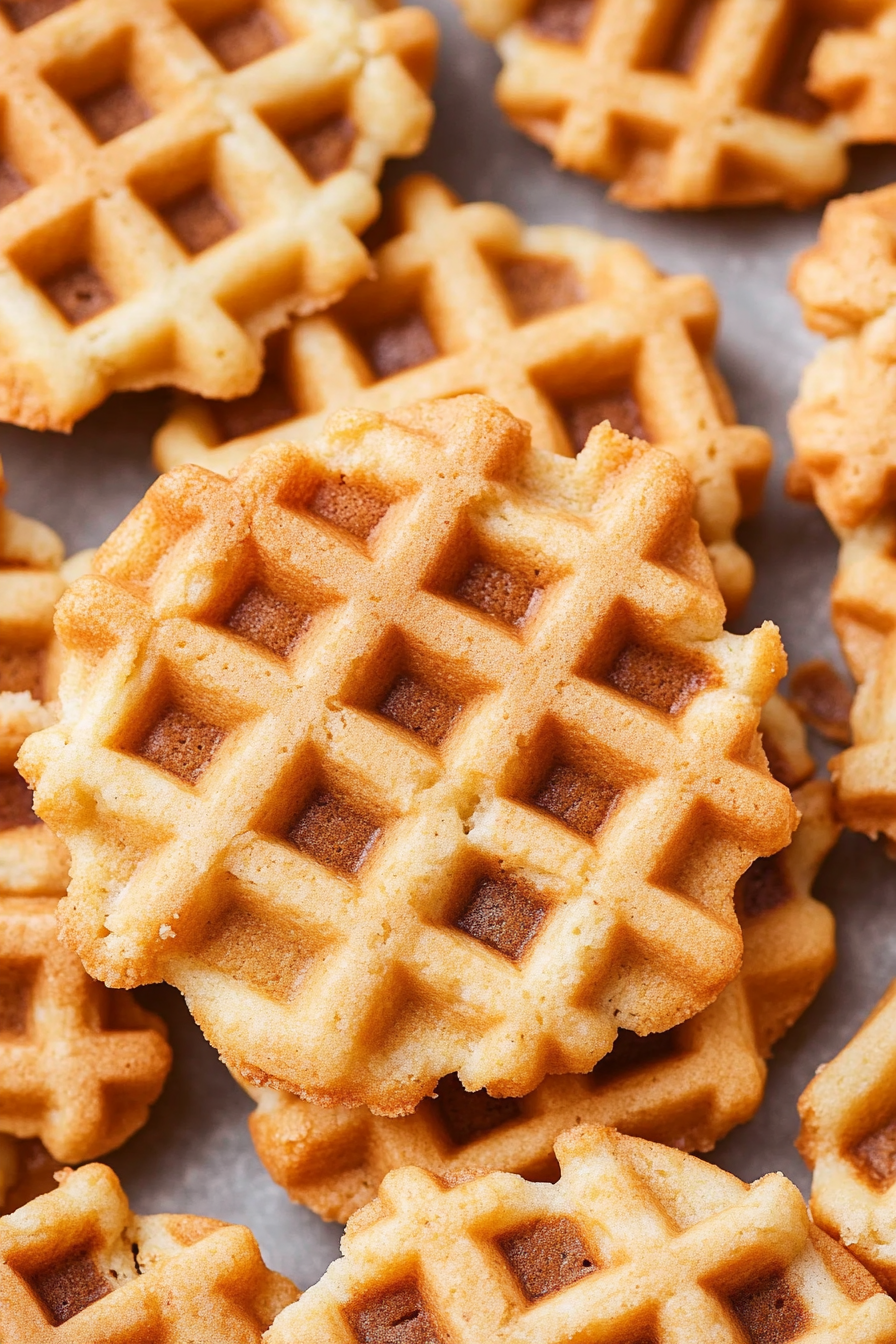 Freshly baked waffle cookies stacked neatly, showing their crisp edges