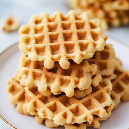 Homemade waffle cookies with a golden finish and classic grid pattern