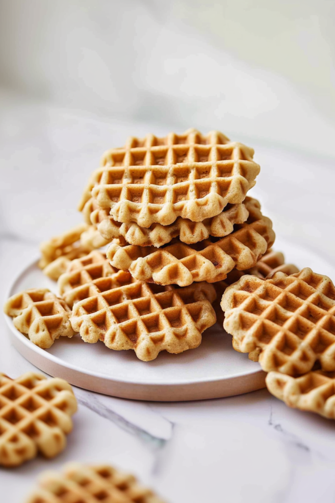 Plate of mini waffle-style cookies with a soft interior and lightly crisp surface