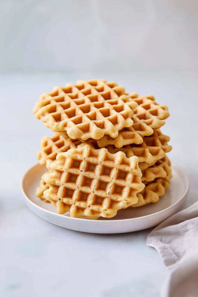 Stack of golden waffle-shaped cookies with a crisp texture on a white plate