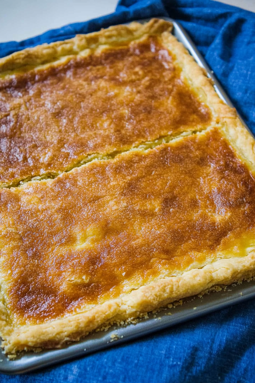 Elegant dessert presentation with a dollop of whipped cream accenting the golden-brown pie surface.