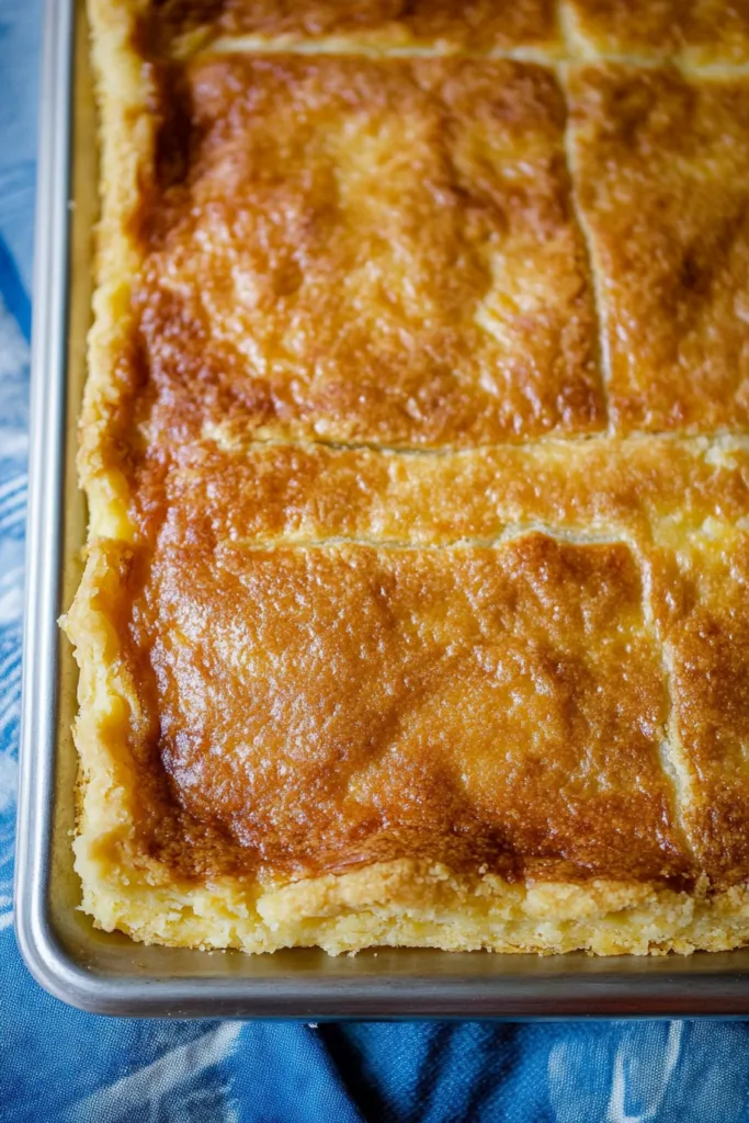 Close-up of creamy pie filling with a golden crust, highlighting its smooth texture.