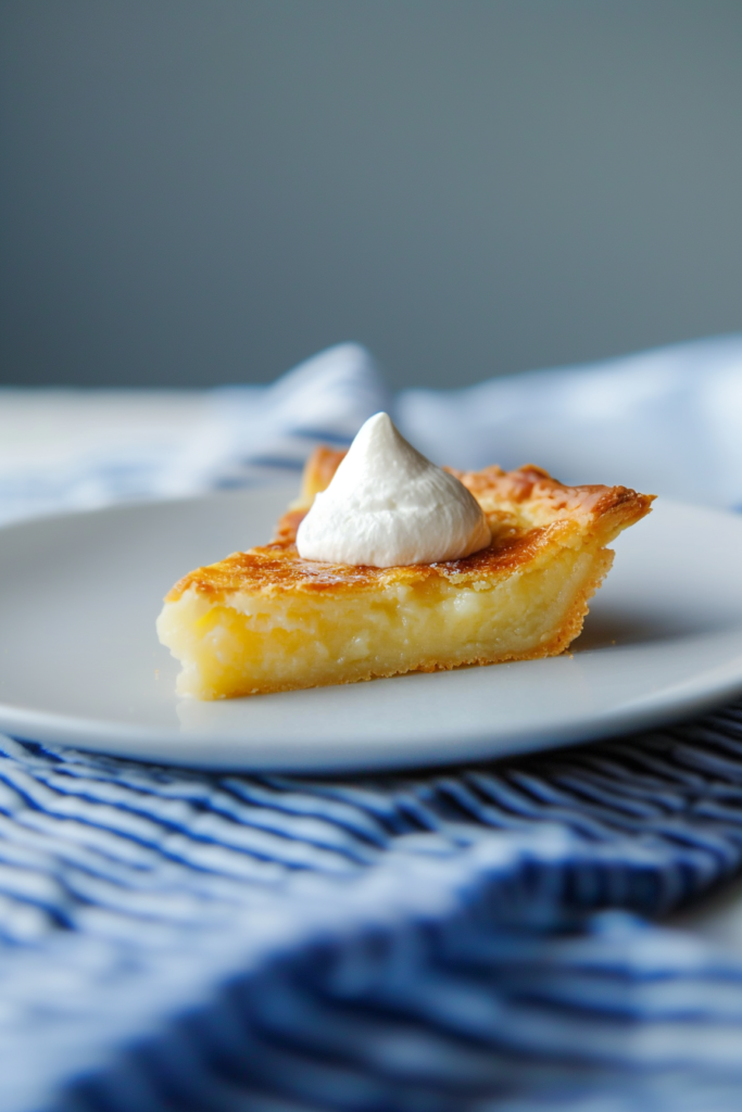 Slice of custard-style pie topped with whipped cream, served on a white plate.