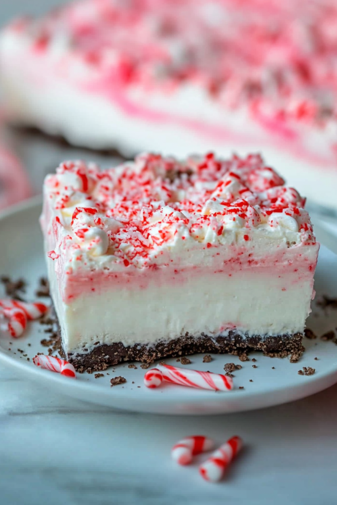 No-bake layered peppermint dessert with chocolate cookie crust and whipped topping.