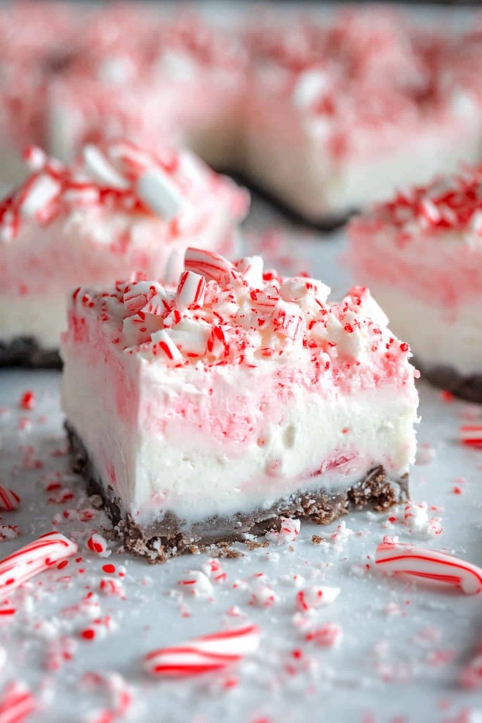 Creamy holiday dessert bars with chocolate crust and peppermint candy cane topping.