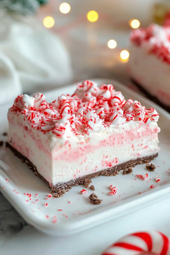 Slice of layered peppermint dessert topped with whipped cream and crushed candy canes on a plate.