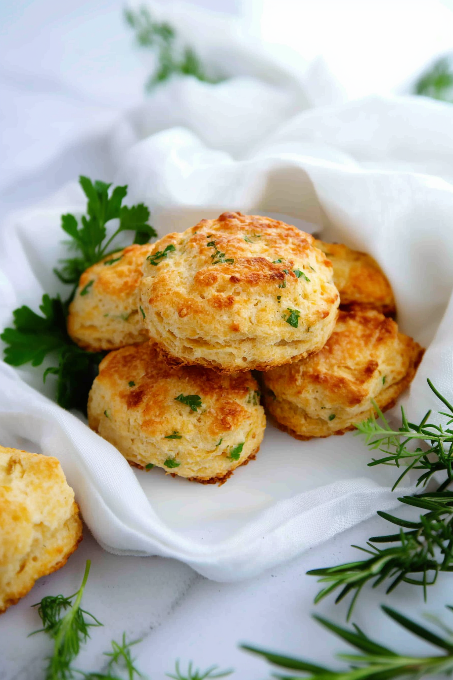 Buttermilk biscuits with cheddar, garnished lightly with parsley for a rustic finish.