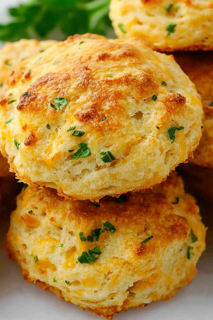 Close-up of warm, cheesy biscuits arranged casually on parchment paper.