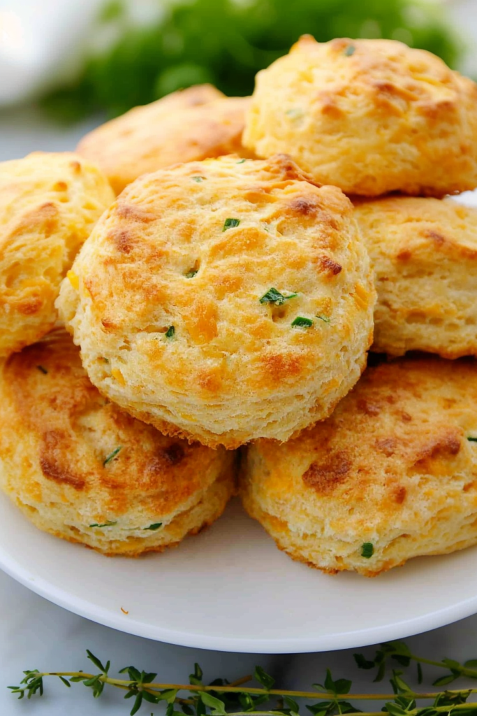 Freshly baked savory biscuits topped with chopped herbs, showing a crisp crust and soft interior.