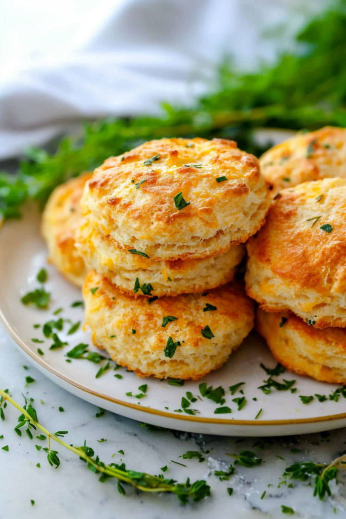 Golden biscuits stacked on a plate, with melted cheese visible in the flaky layers.