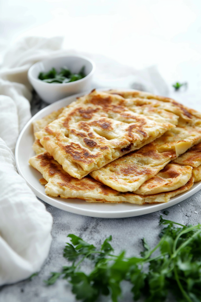 Stack of homemade stuffed flatbreads, golden brown with visible diced potato and melted cheese.