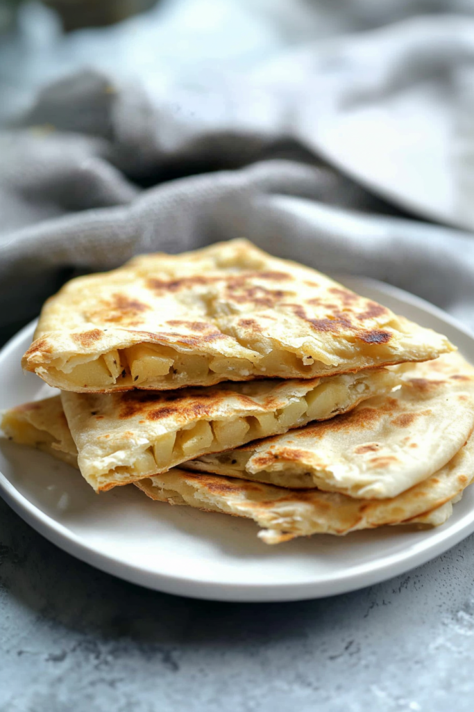 Warm, flaky flatbread served whole and sliced, highlighting the contrast between crunchy exterior and tender filling.