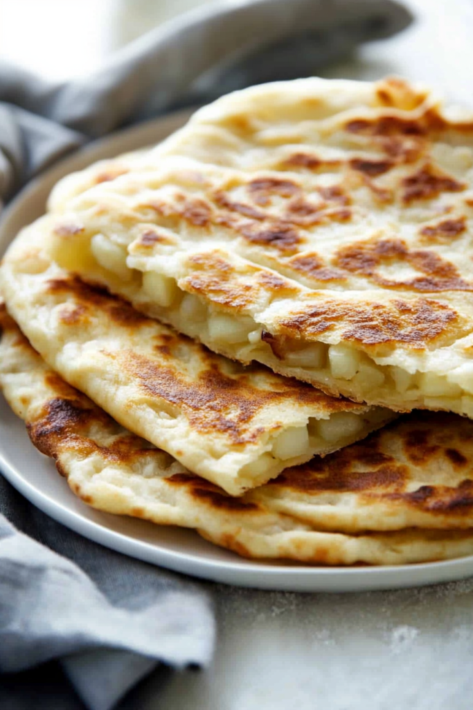 Golden flatbreads stacked on a plate, showing crisp edges and a soft potato filling inside.