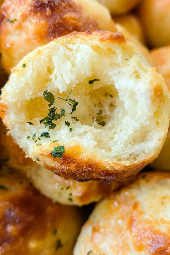 Broken-open bread bite revealing soft, cheesy center and tender crumb.