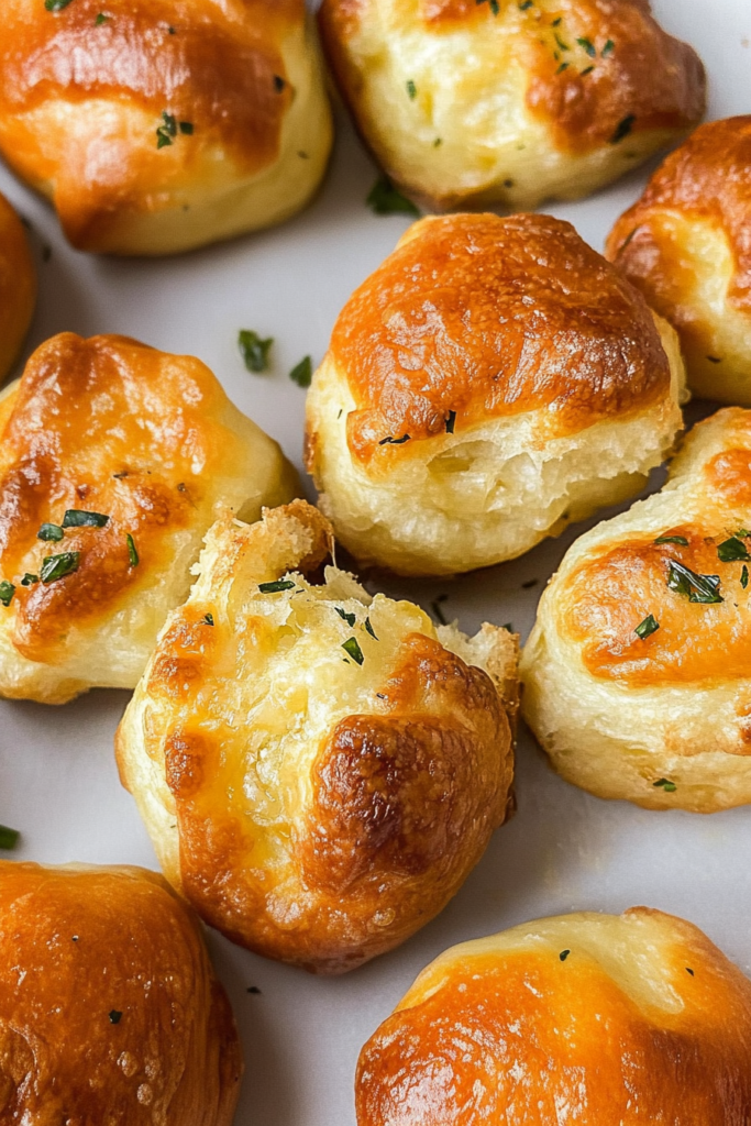 Final presentation of cheesy garlic bites, emphasizing the contrast between crisp outside and soft inside.