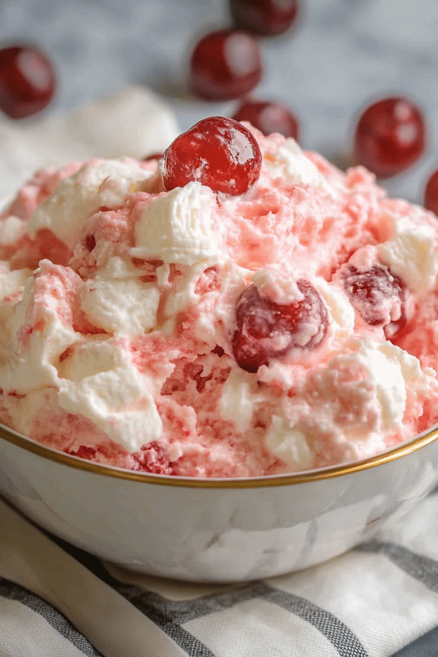A glass bowl filled with creamy pink fluff topped with whole cherries and swirls of whipped cream.