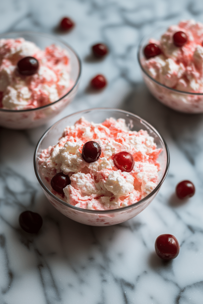 Sweet pink dessert presented in a clear bowl, garnished with glossy red cherries.
