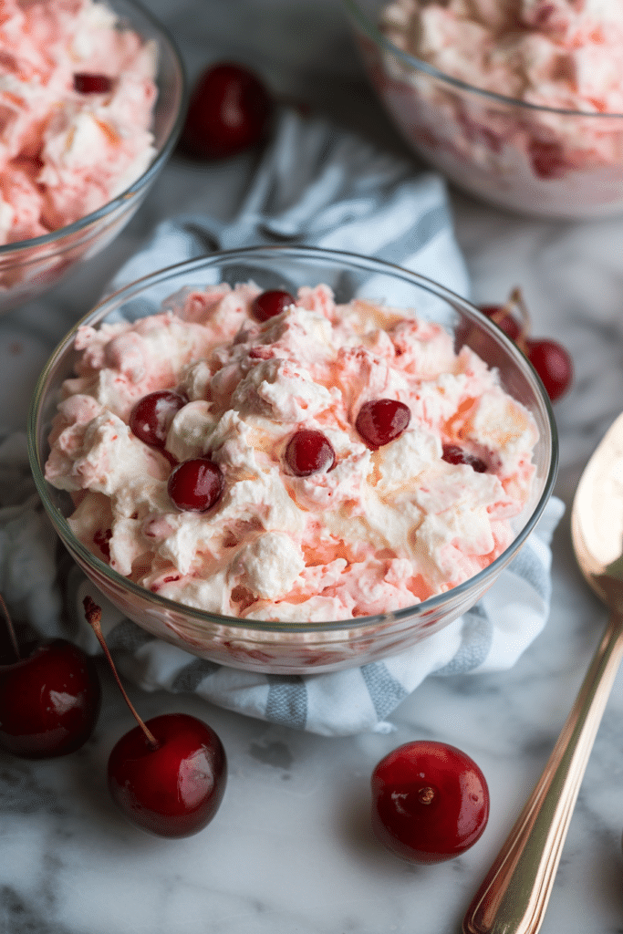 Serving dish of light, airy cherry fluff with whipped topping folded throughout.