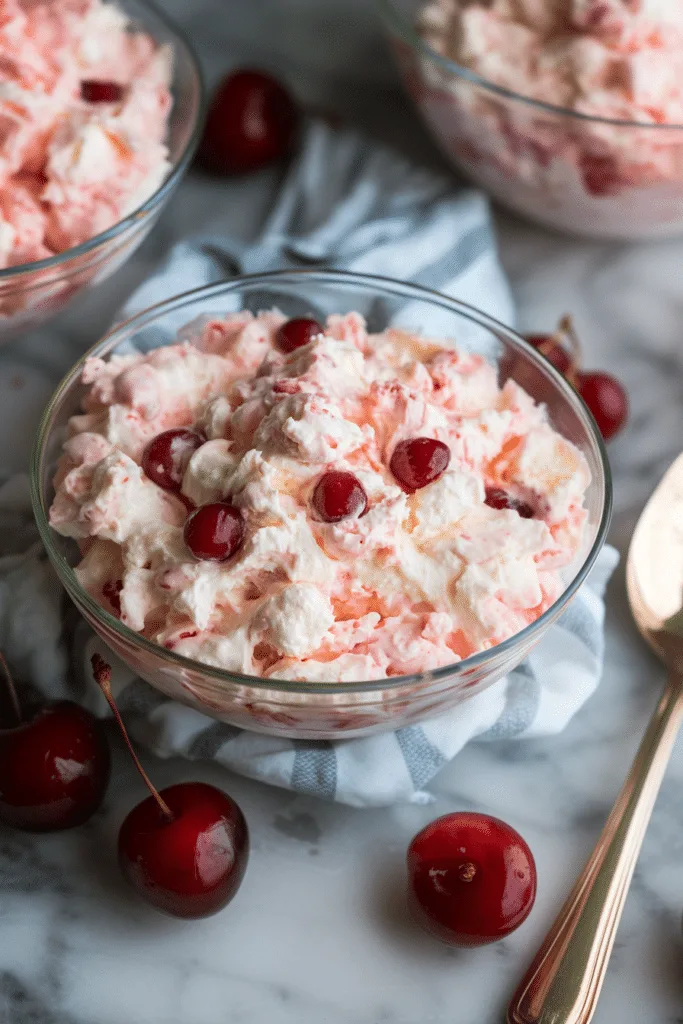 Serving dish of light, airy cherry fluff with whipped topping folded throughout.