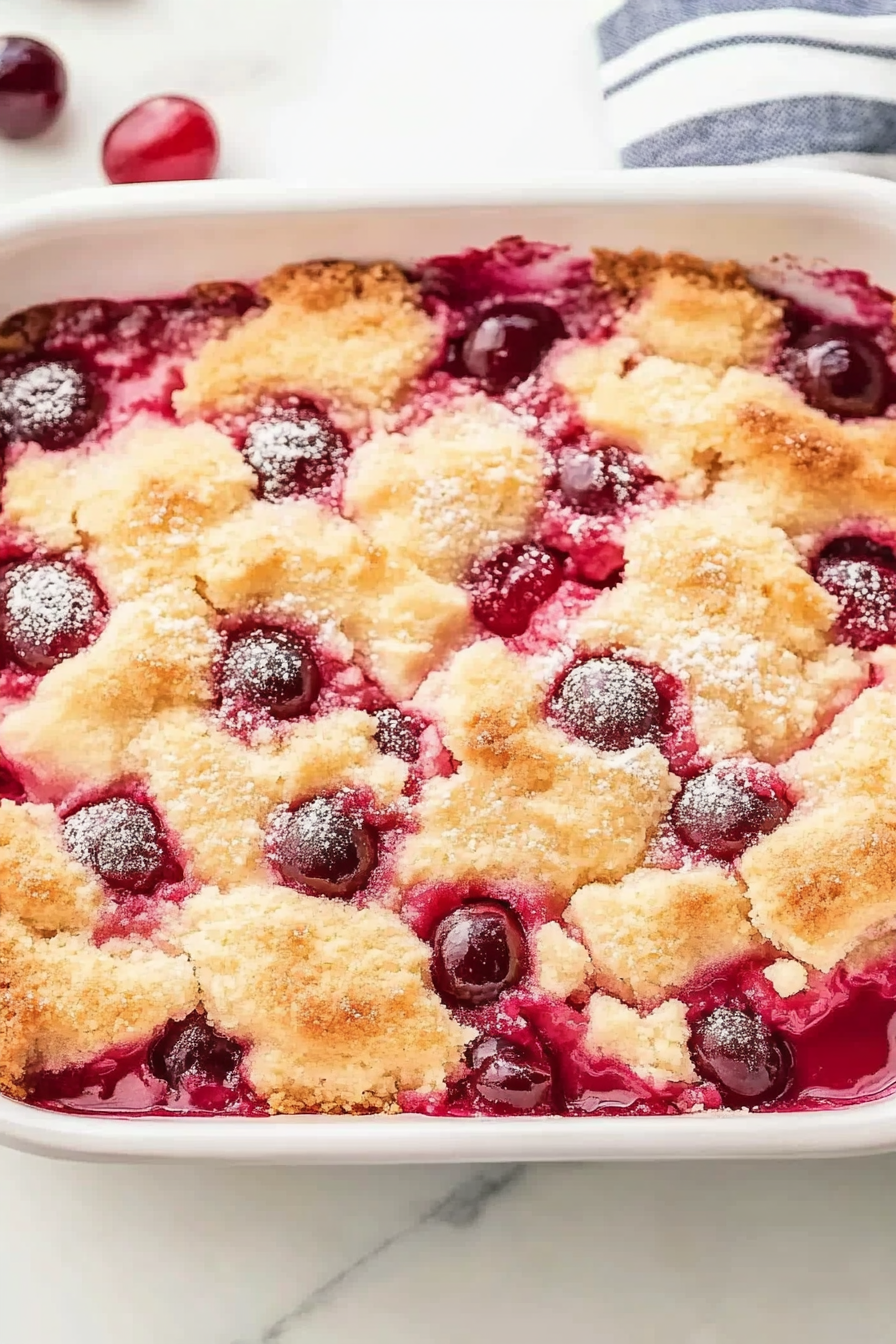 Freshly baked fruit dessert showing vibrant red cherries and caramelized edges.